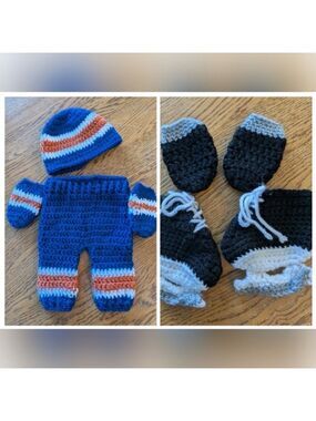 NHL hand-crocheted blue, orange and white HOCKEY infant knit set. 0-3 Months New